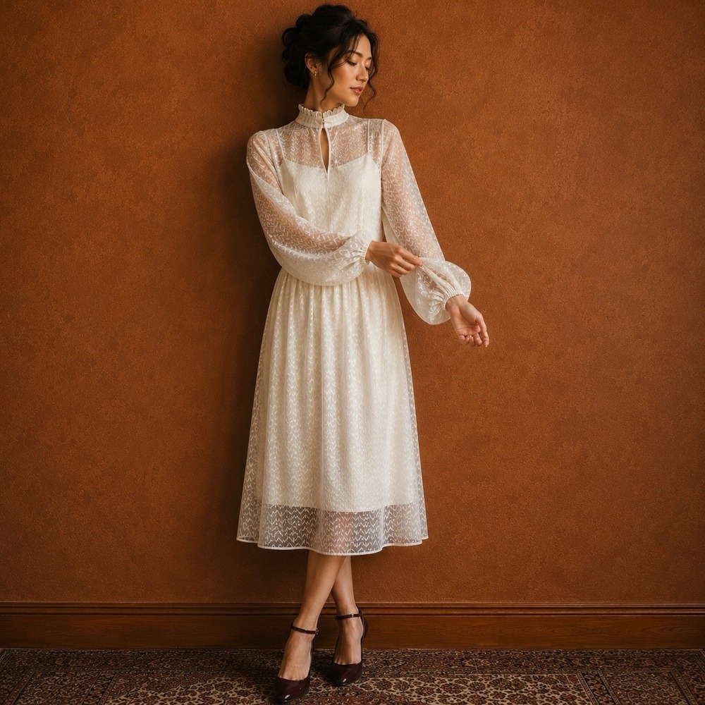Vintage 70's Victorian Revival Sheer High Neck Cream Dress Going Out Cocktail S
